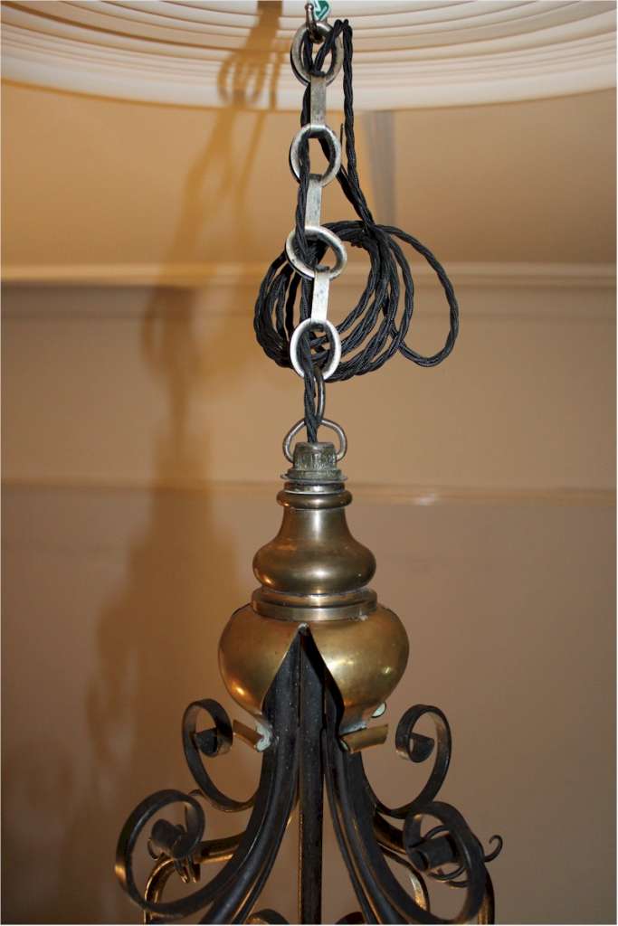 Arts and Crafts five branch hanging lamp made from iron and brass