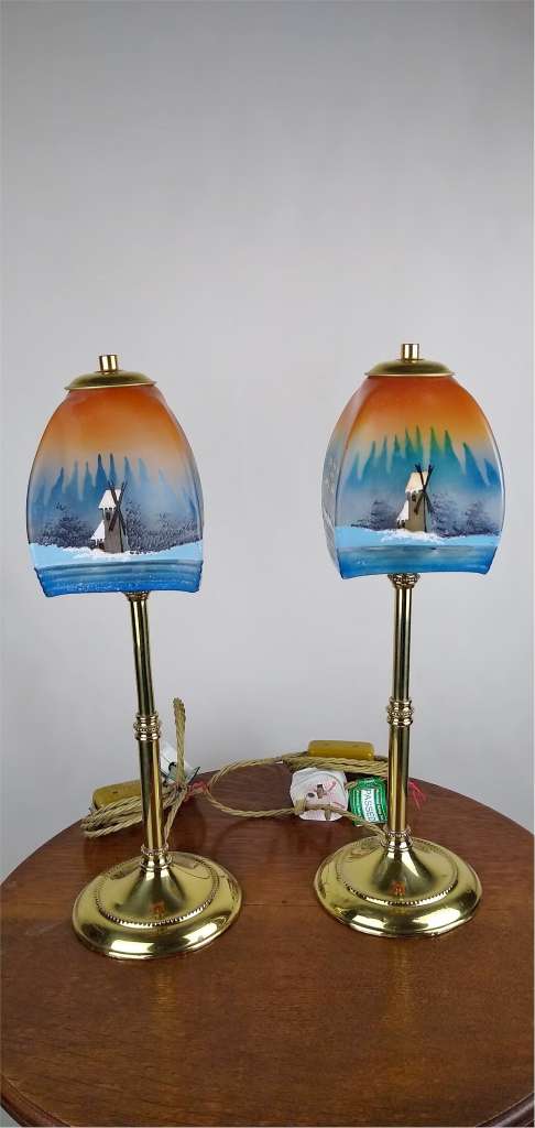 Pair of arts and crafts lights hand painted shades