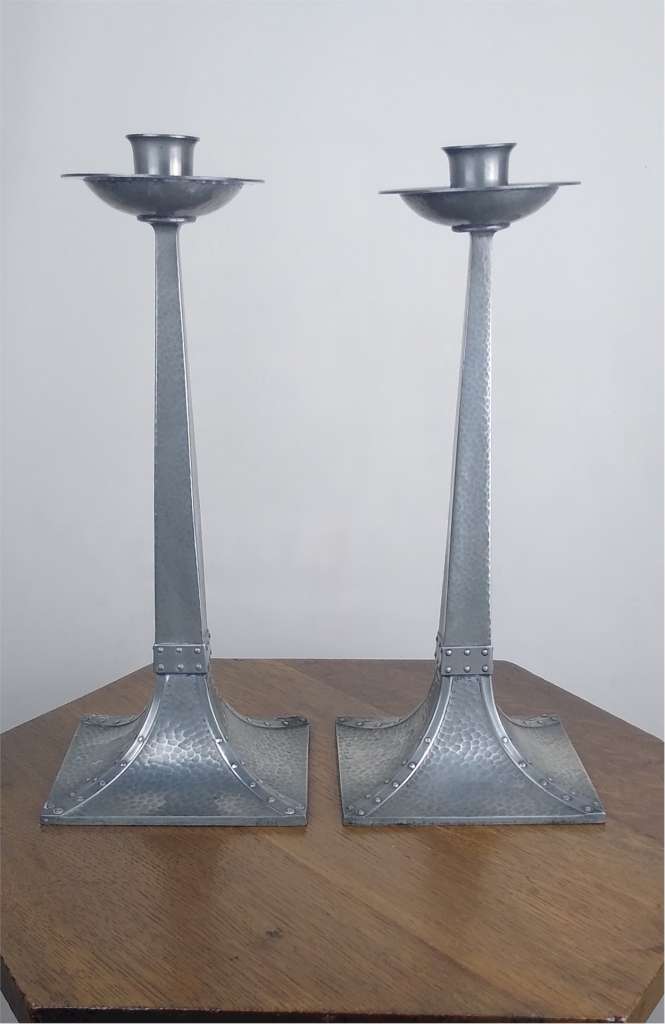 Large pair of arts and crafts pewter candlesticks