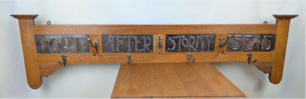 Arts and crafts hat/coat rack with copper motto