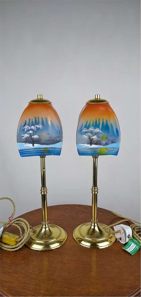 Pair of arts and crafts lights hand painted shades