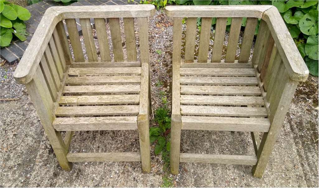 Pr Heals garden chairs / bench in teak