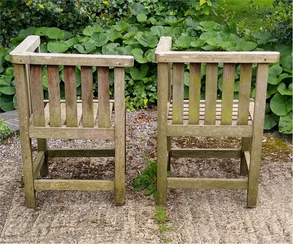 Pr Heals garden chairs / bench in teak