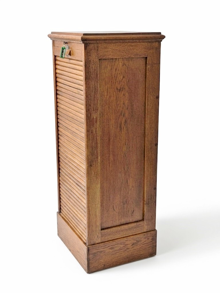 1930's tambour fronted oak filing cabinet