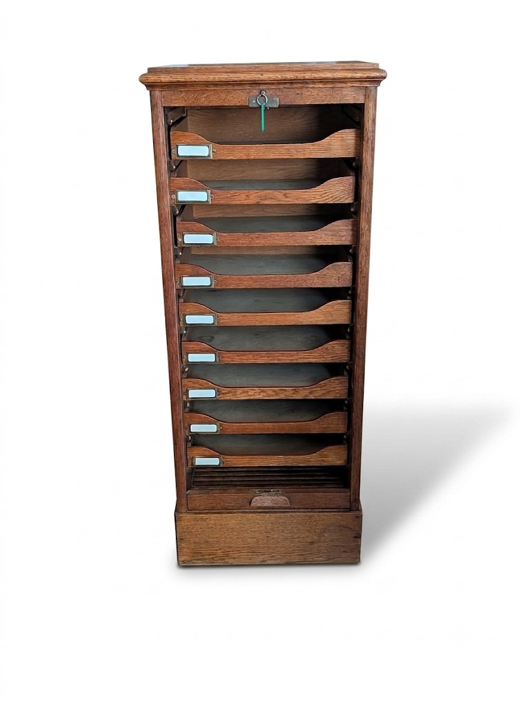 1930's tambour fronted oak filing cabinet