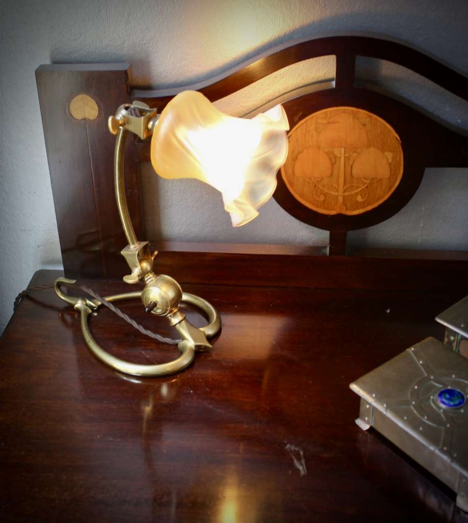 W.A.S Benson arts crafts brass table lamp & shade