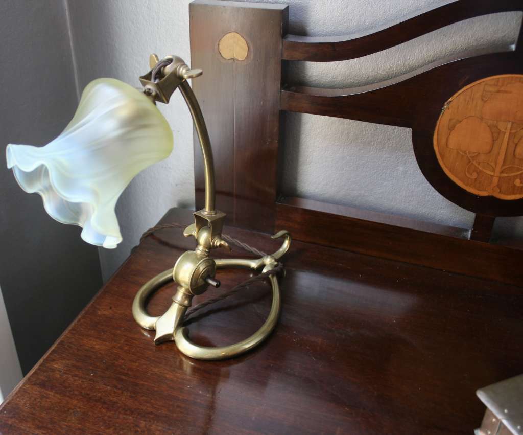 W.A.S Benson arts crafts brass table lamp & shade