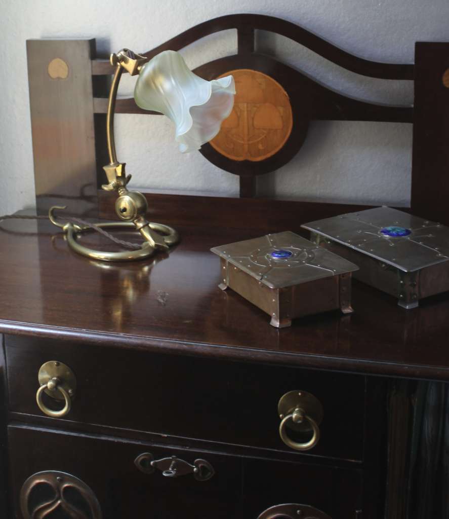 W.A.S Benson arts crafts brass table lamp & shade