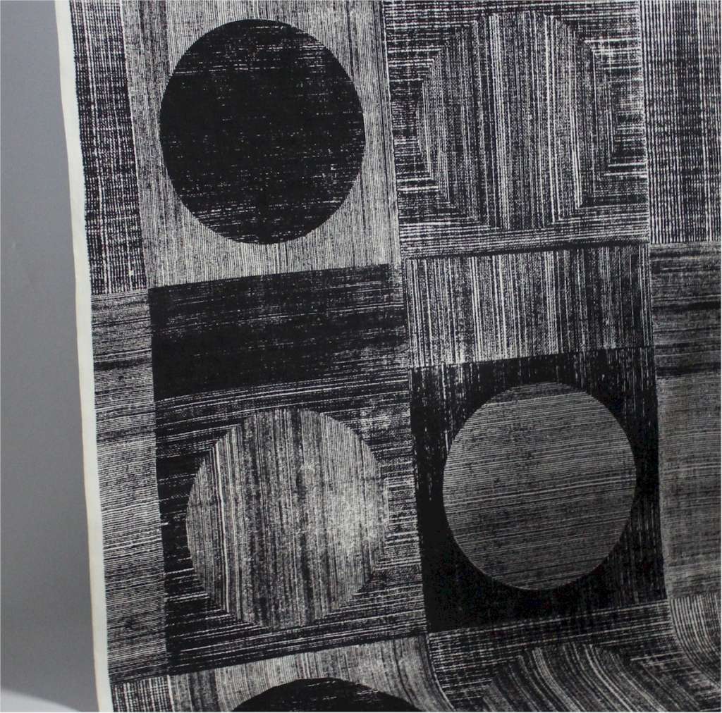 Vintage unused roll of cotton fabric with black and white geometric square and circles