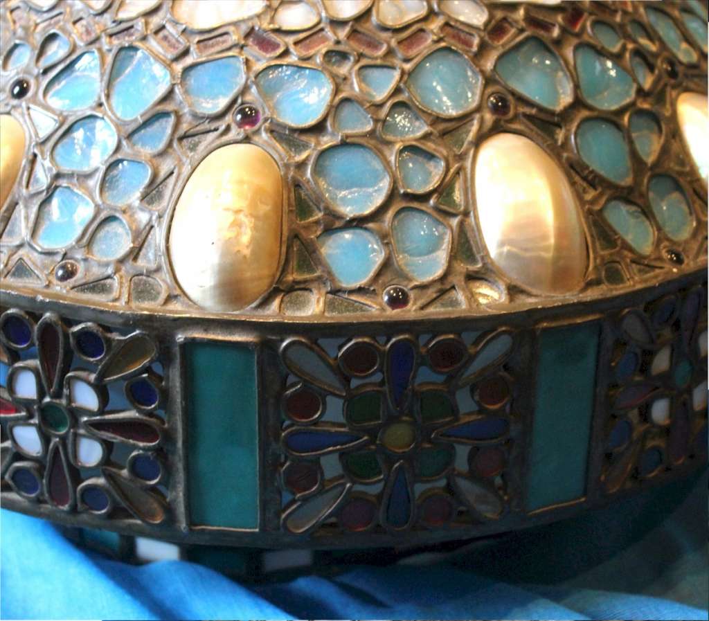 Arts and crafts abalone shell and blue glass plafonnier ceiling shade