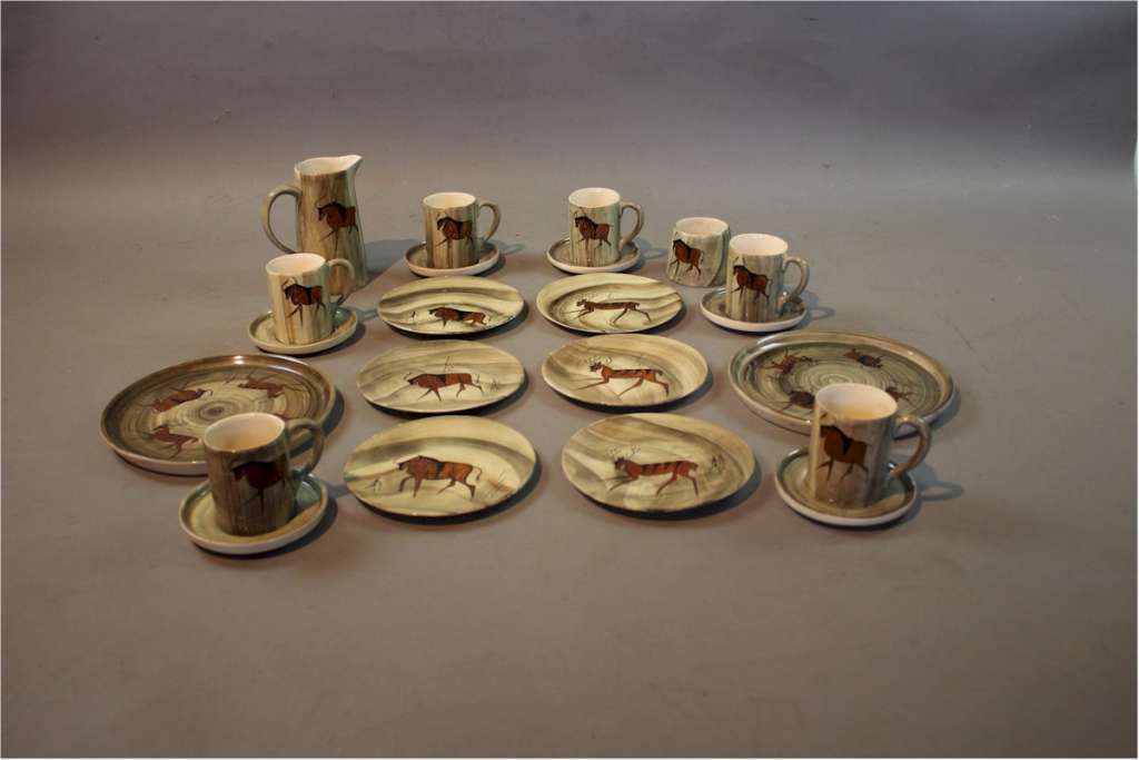 French 1950's coffee set depicting Lascaux cave drawings