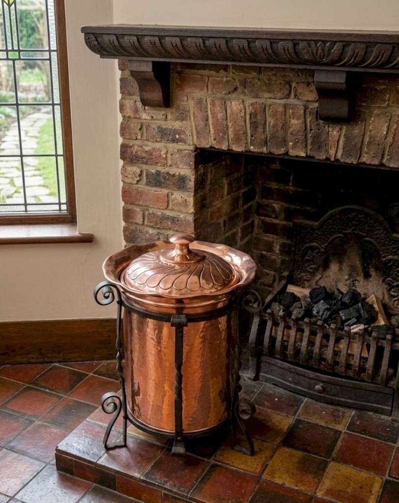 Tall arts and crafts log / coal bin in copper