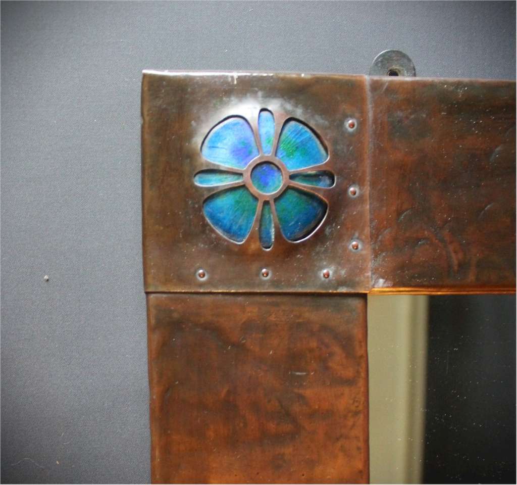 Arts and crafts copper mirror with enamel roundels