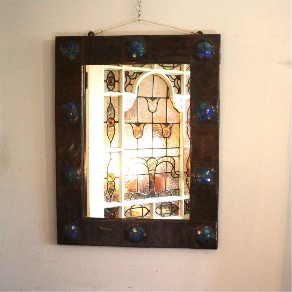Arts and crafts copper mirror with enamel roundels