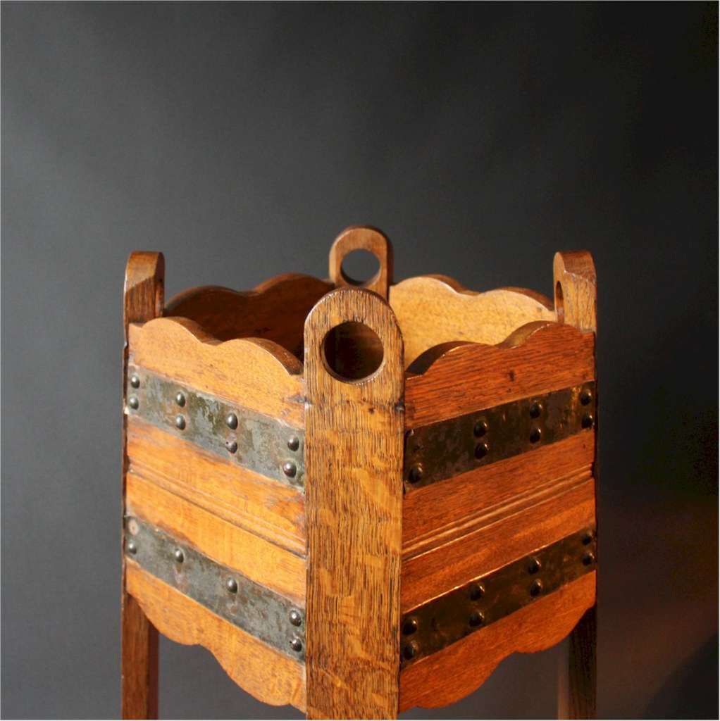Arts and crafts oak planter with copper banding