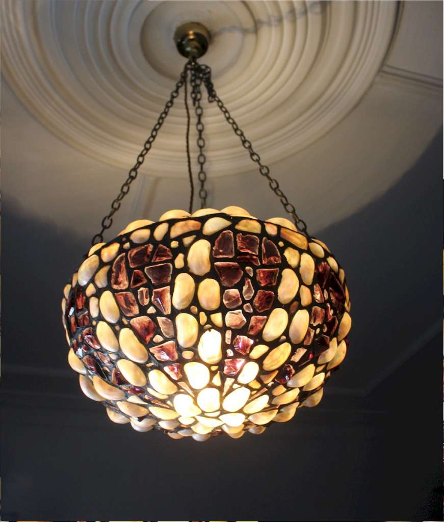 Arts and crafts abalone shell and purple glass plafonnier ceiling shade