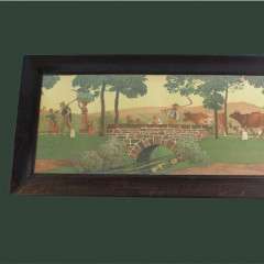 Arts and Crafts large oak framed nursery lithograph of country folk by R.V.Volkmann