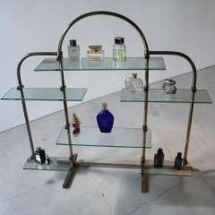 Art Deco chrome shop display stand with adjustable glass shelves
