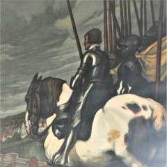 Arts and Crafts oak framed lithograph of a horseman entering a village by A. Jank.