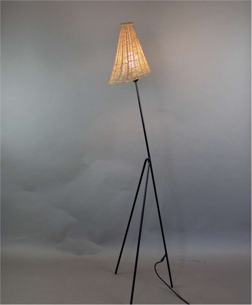 Mid Century floor lamp metal legs and wicker shade by Hans Bergstrous
